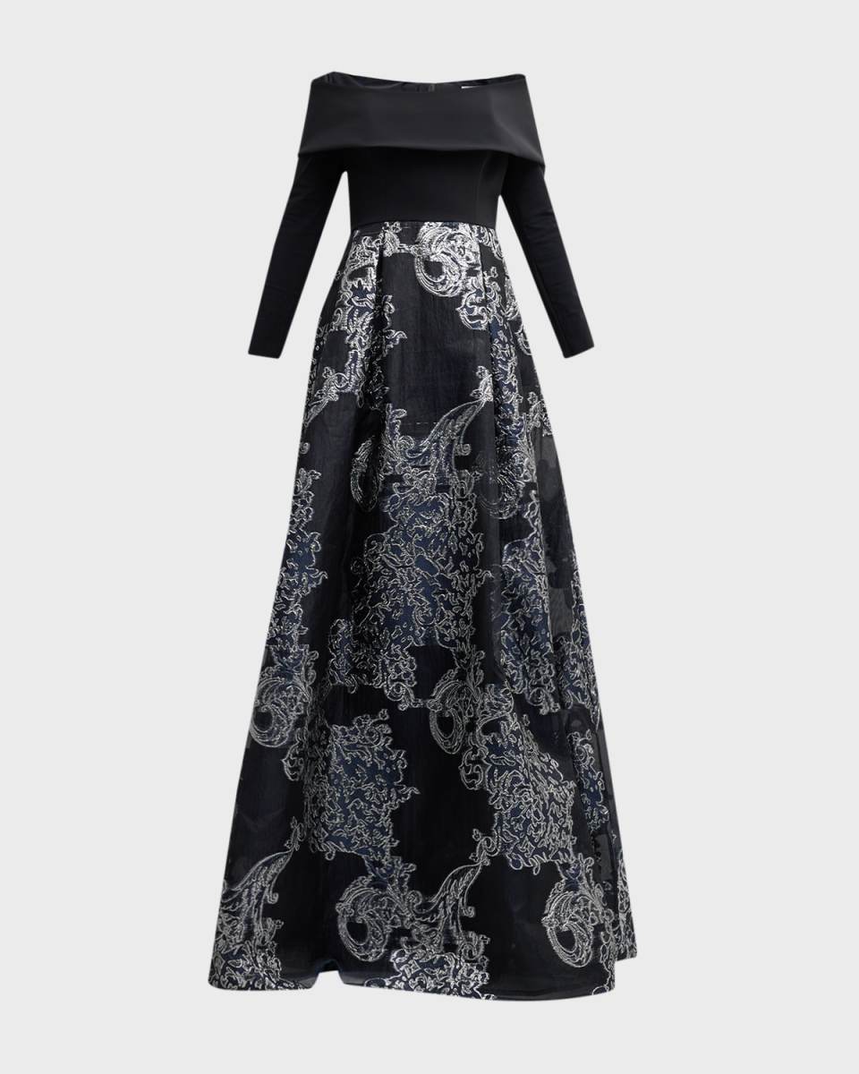 Pleated Off-Shoulder Metallic Jacquard Gown